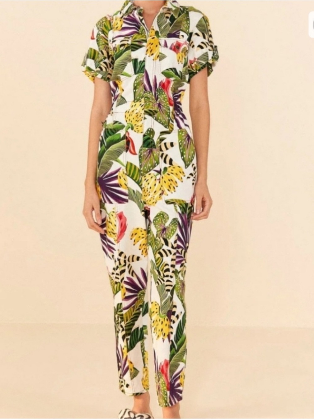 Farm Rio NWT Tropical Print Short-Sleeve Jumpsuit in White